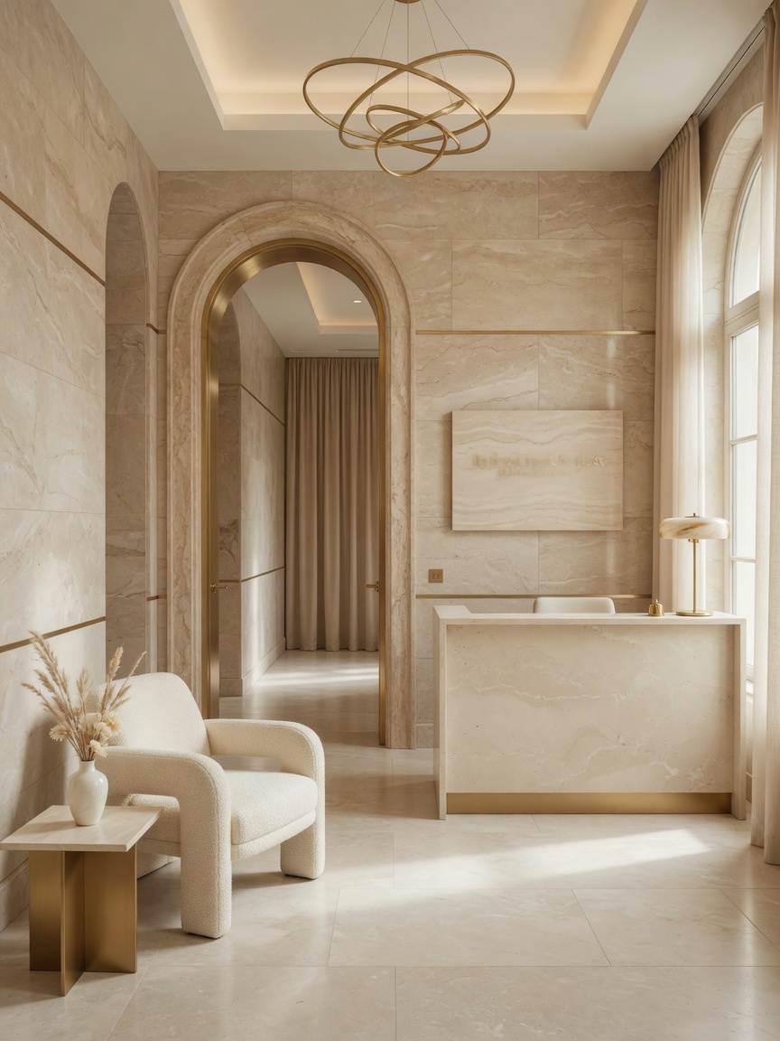 Recepção da clínica em travertino com poltrona ivory